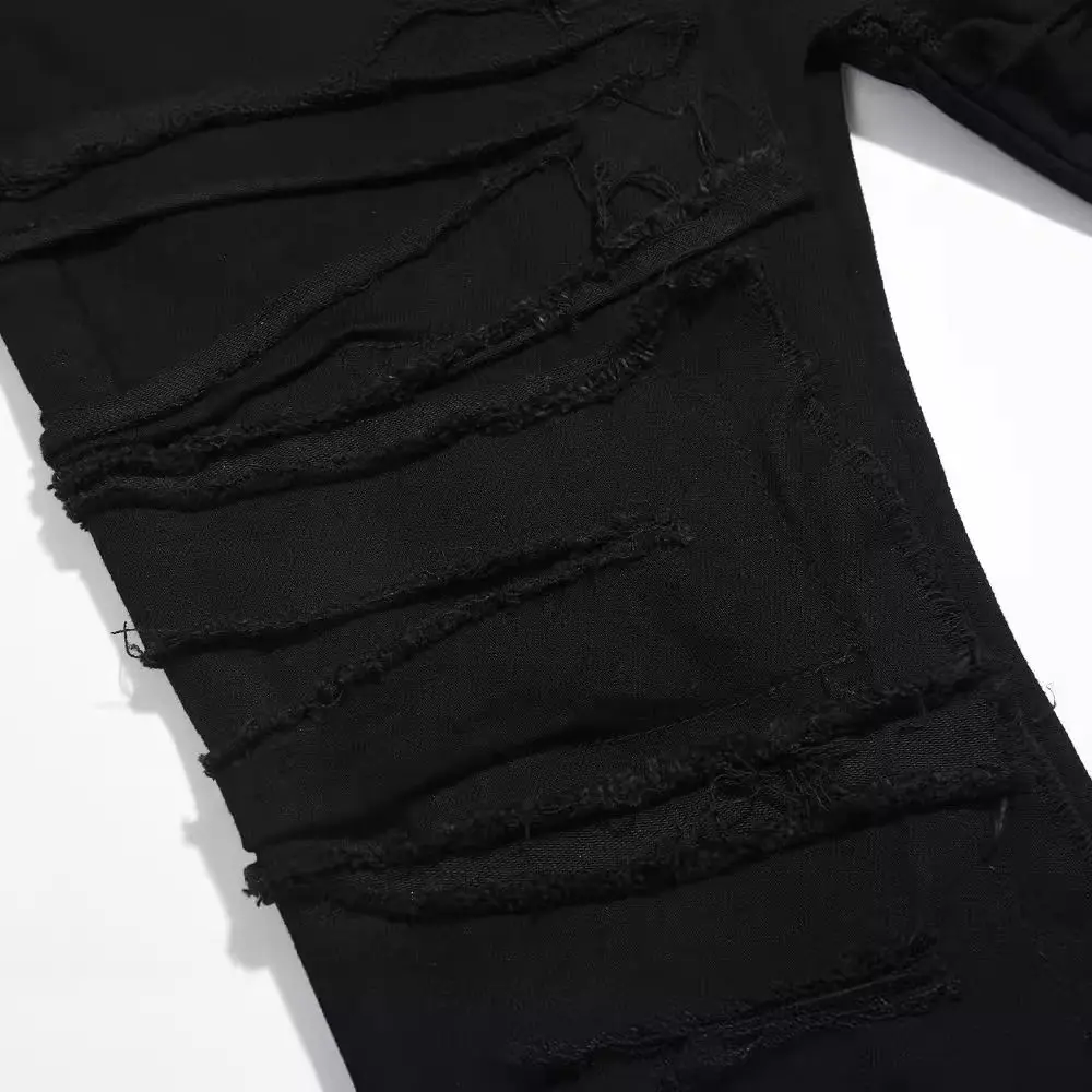 Luxury Clothing Vintage Ripped Men's Black Straight-leg Jeans Solid Denim Pencil Pants Spring Autumn Casual Bottomwear Pants