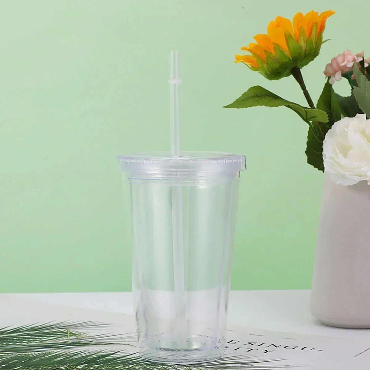 Reusable Double-layer Plastic Transparent Cup with Straw Lid for Outdoor Drink