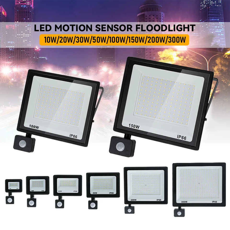 LED Flood Light Spotlights PIR Motion Sensor Outdoor AC220V/110V 50W Waterproof Black Shell Garden Gate Wall Light