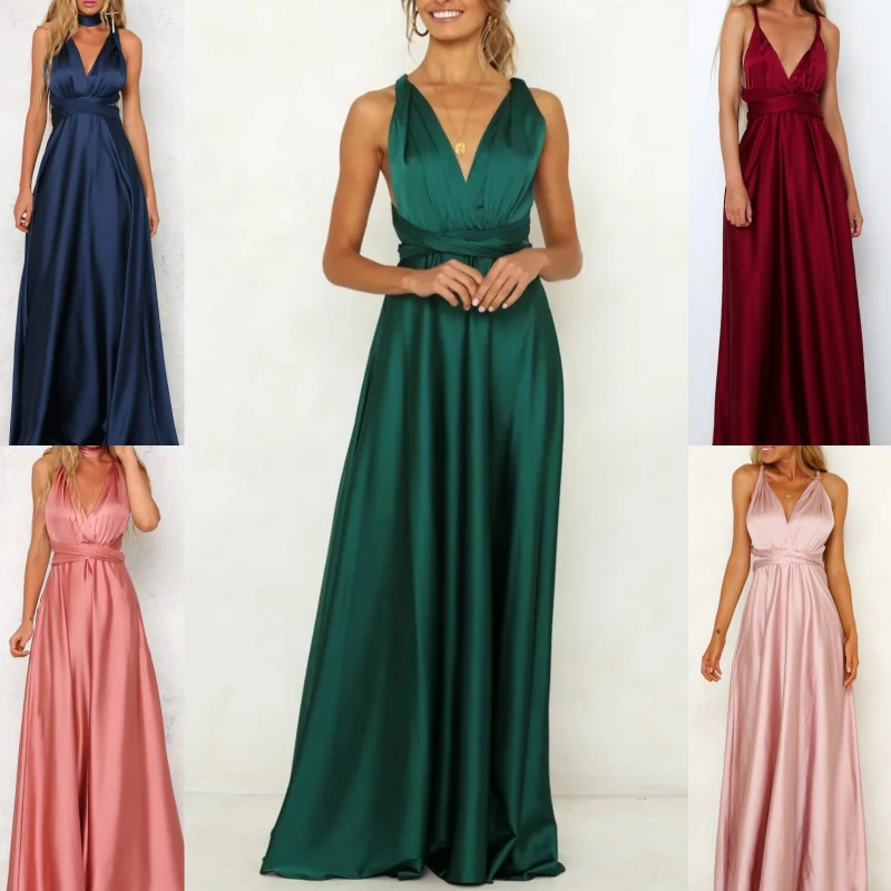 Vestidos máximos de satén estilo A-line con cuello halter y bolsillos Malva Vintage