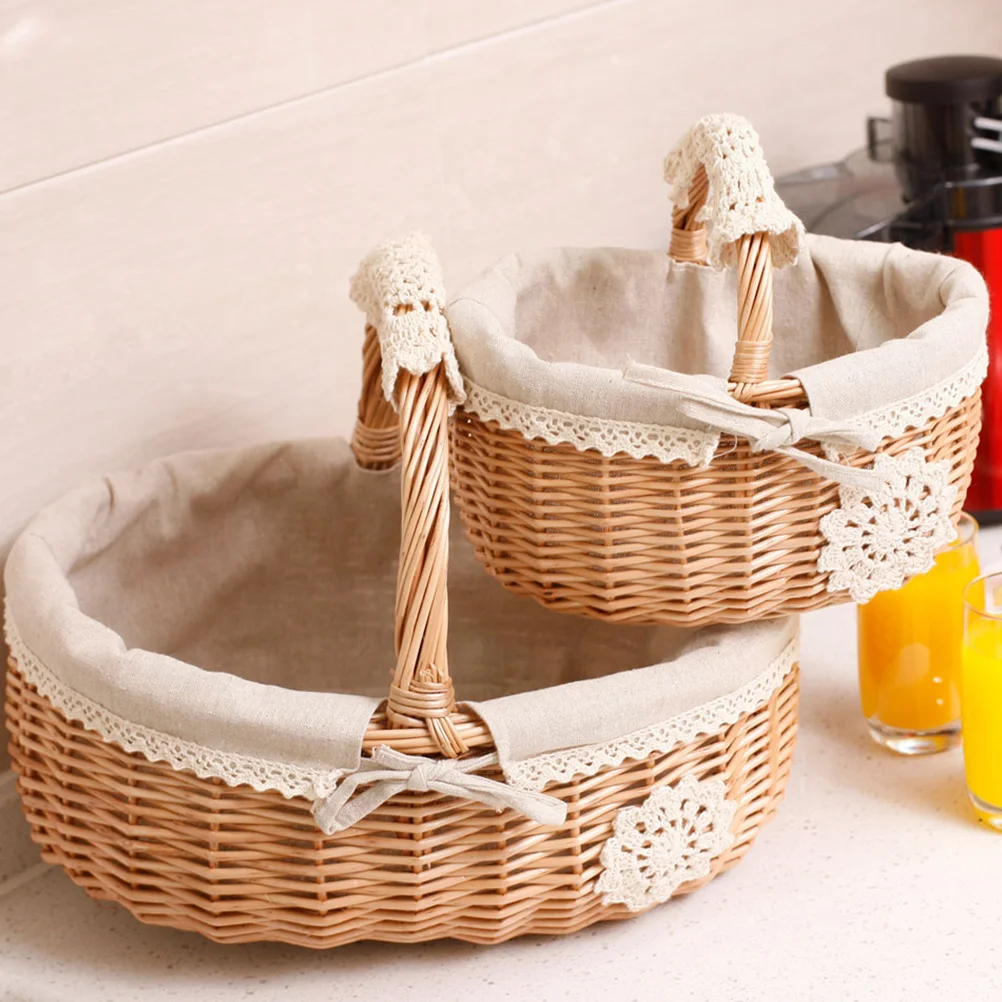 Wicker Storage Basket Metal Shopping Fruit for Kitchen Picnic Foldable Woven Decorative Tray 3