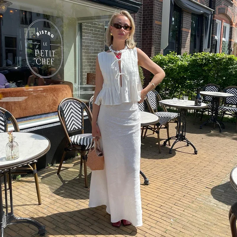 Elegant White Lace Up Tops For Women Pleated O-neck Sleeveless Ruffles Tank Summer New Chic Lady Party Vacation Vest