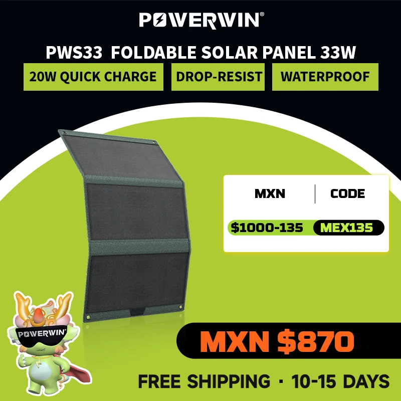 Painel Solar Dobrável Powerwin Pws33 Resistência à Água Ip65 Soft 33w Etfe de Alta Eficiência Pd20w Flexível tipo c Usb e Dc5521 Portas de Saída para Dispositivos Móveis de Carga Rápida