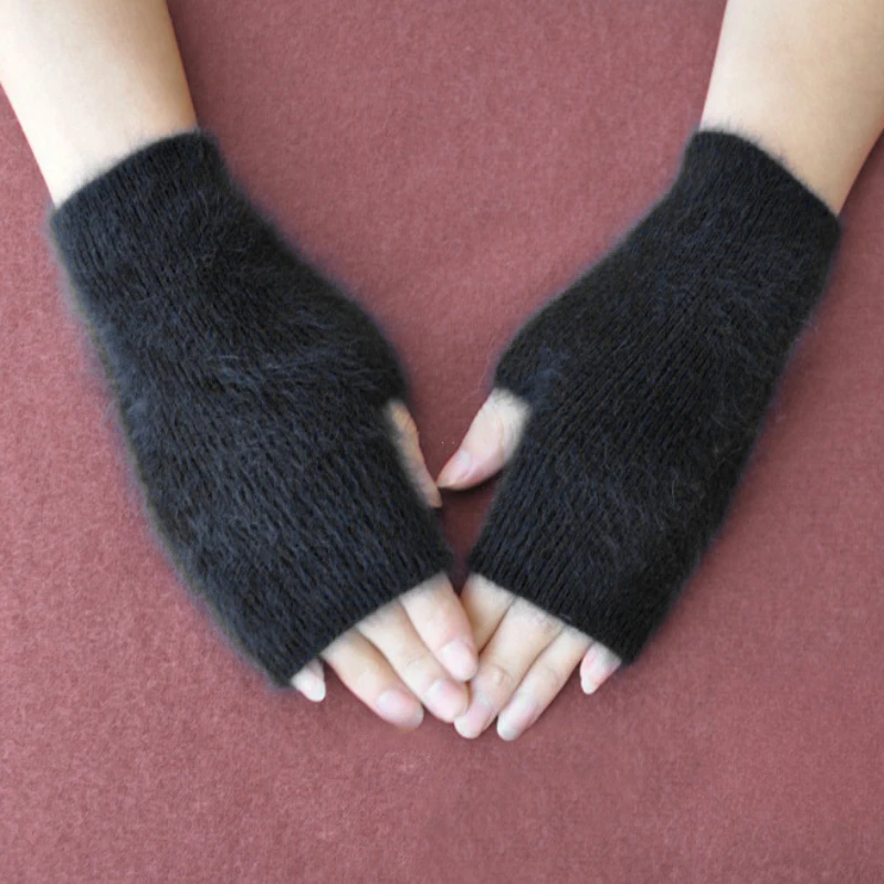 

Mink Cashmere Autumn Winter Women Gloves Fingerless Warm Racoon Wool Mitten Wrist Length Thumb Hole Mitts Korean Female Lovely