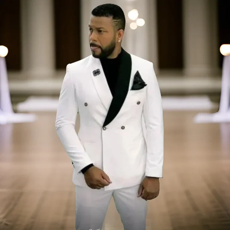 

Slim Fit Suits For Men Wedding Double Breasted Groom Tuxedo 2 Pcs White And Black Blazer With Pants 2024