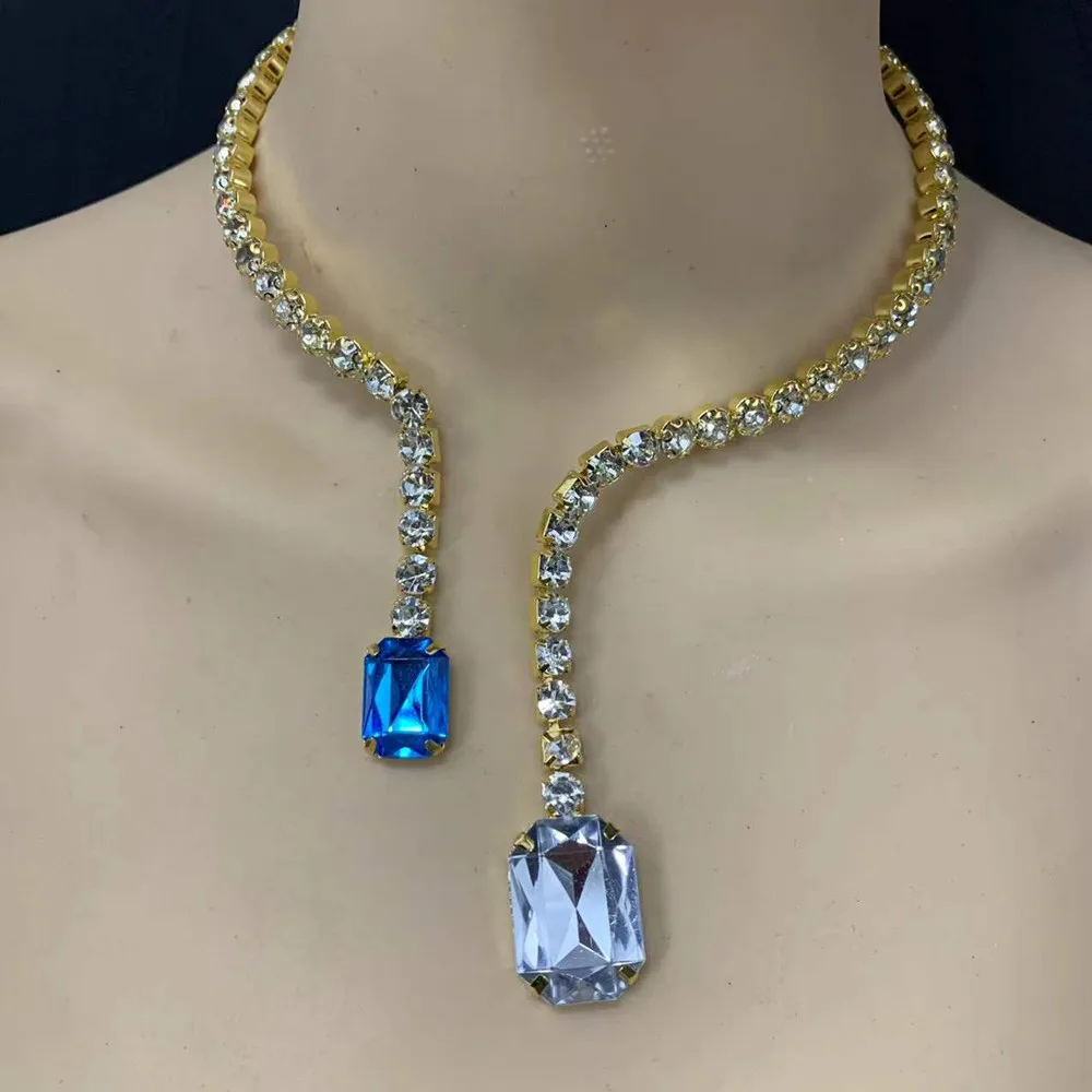 Double Big Crystal Pendant Cuff Collar Necklace Torques Shiny Rhinestone Open Choker Necklace for Women Wedding Jewelry,metal choker necklace,velvet choker necklaces