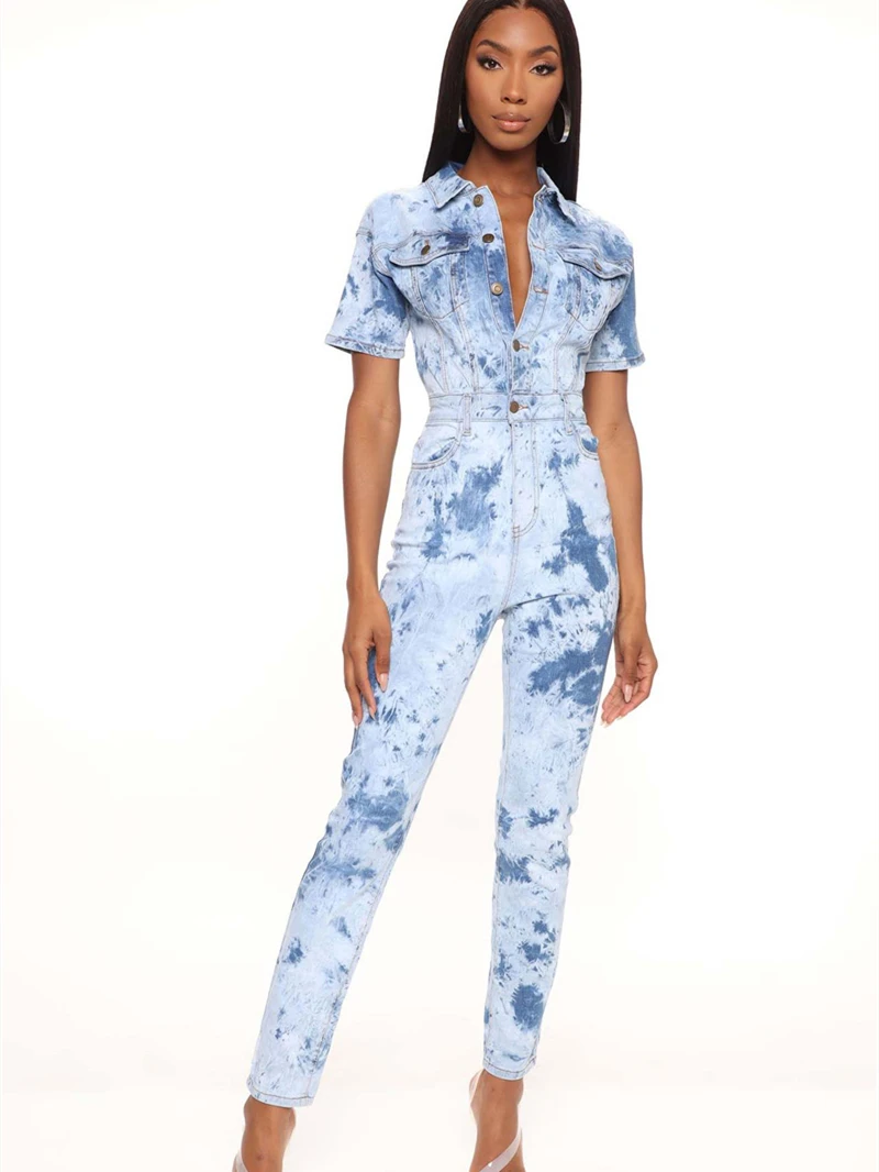 

INS Fashion Jeans Jumpsuits for Women Summer Clothing Short Sleeve Button Up Bodycon Denim Rompers Playsuits One Pieces Overalls