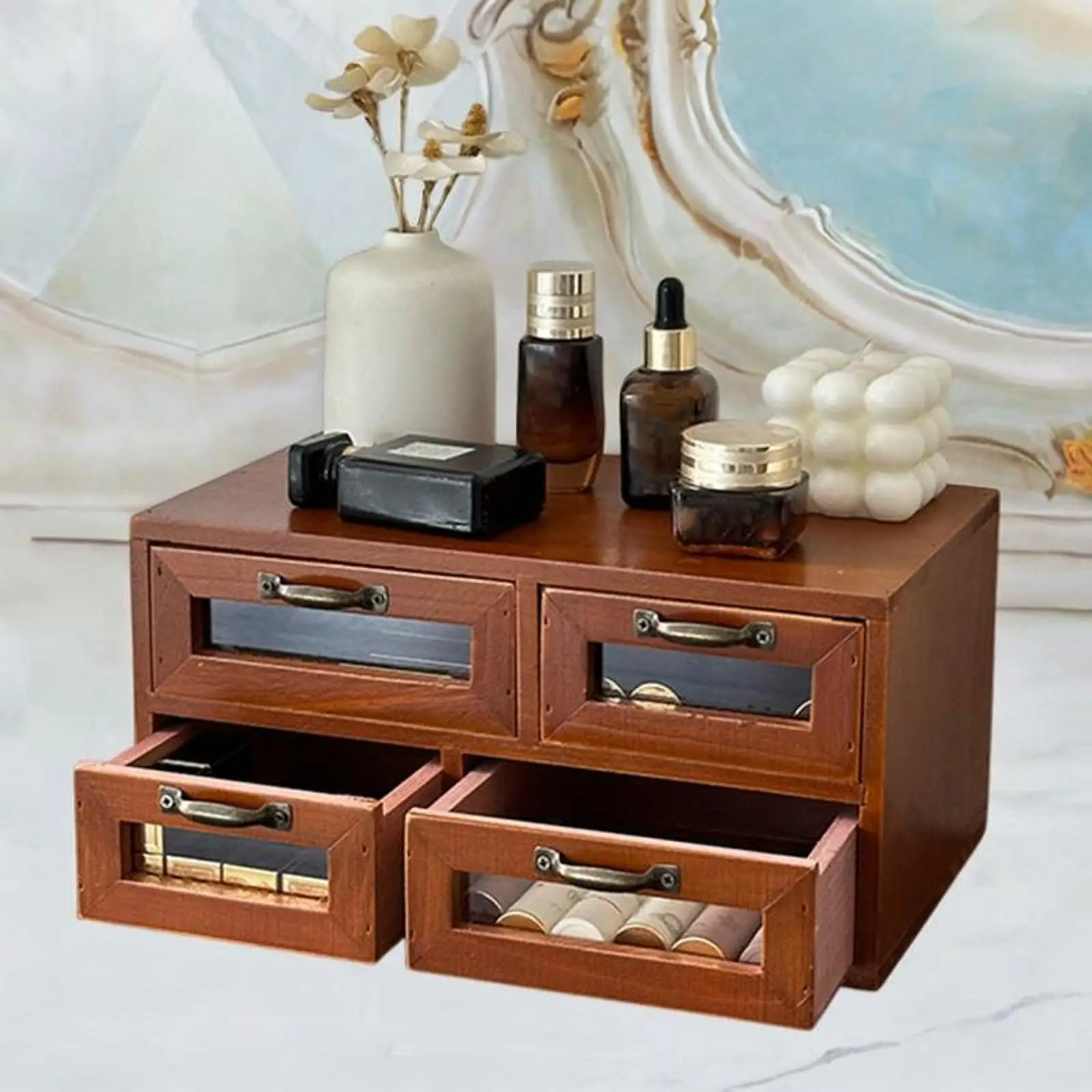 Desk Organizer Box with Drawers Wooden Desktop Organizer for Keys Cosmetics Jewelry and Office Supplies Drawer Cabinet