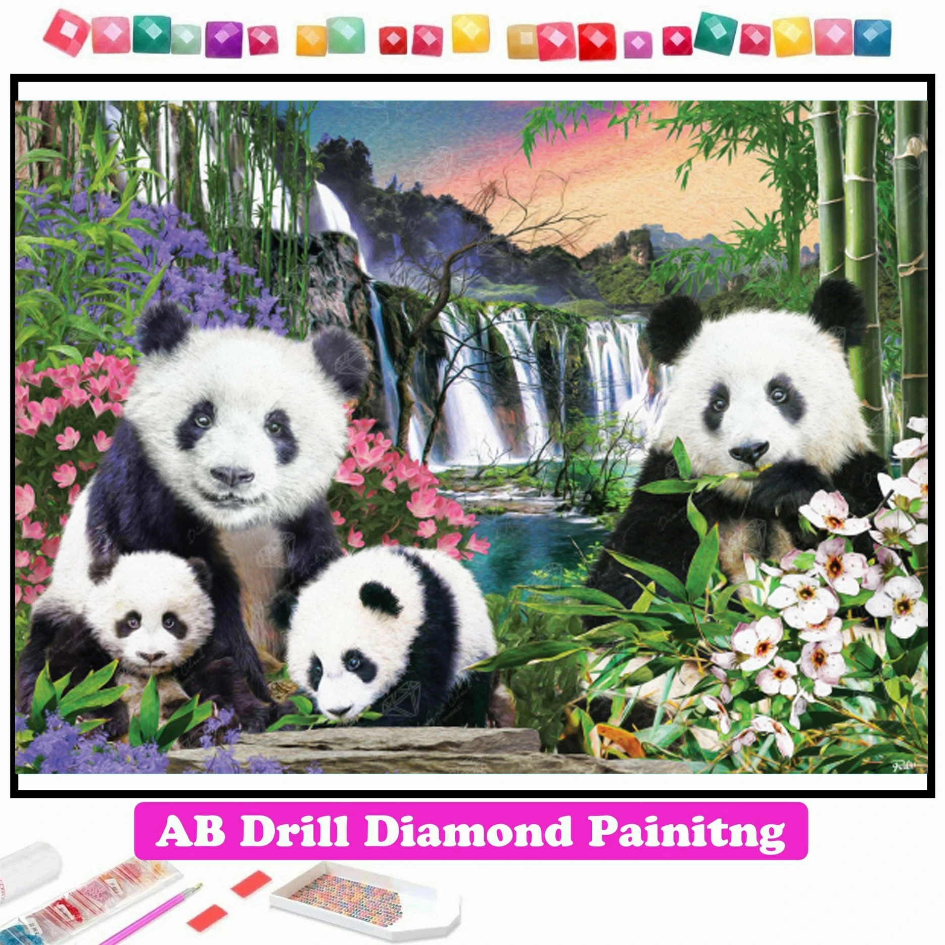 

Cute Panda Family Diamond Painting 5D DIY Full AB Drill Cross Stitch Kit Rhinestone Mosaic Embroidery Handicraft Home Decor