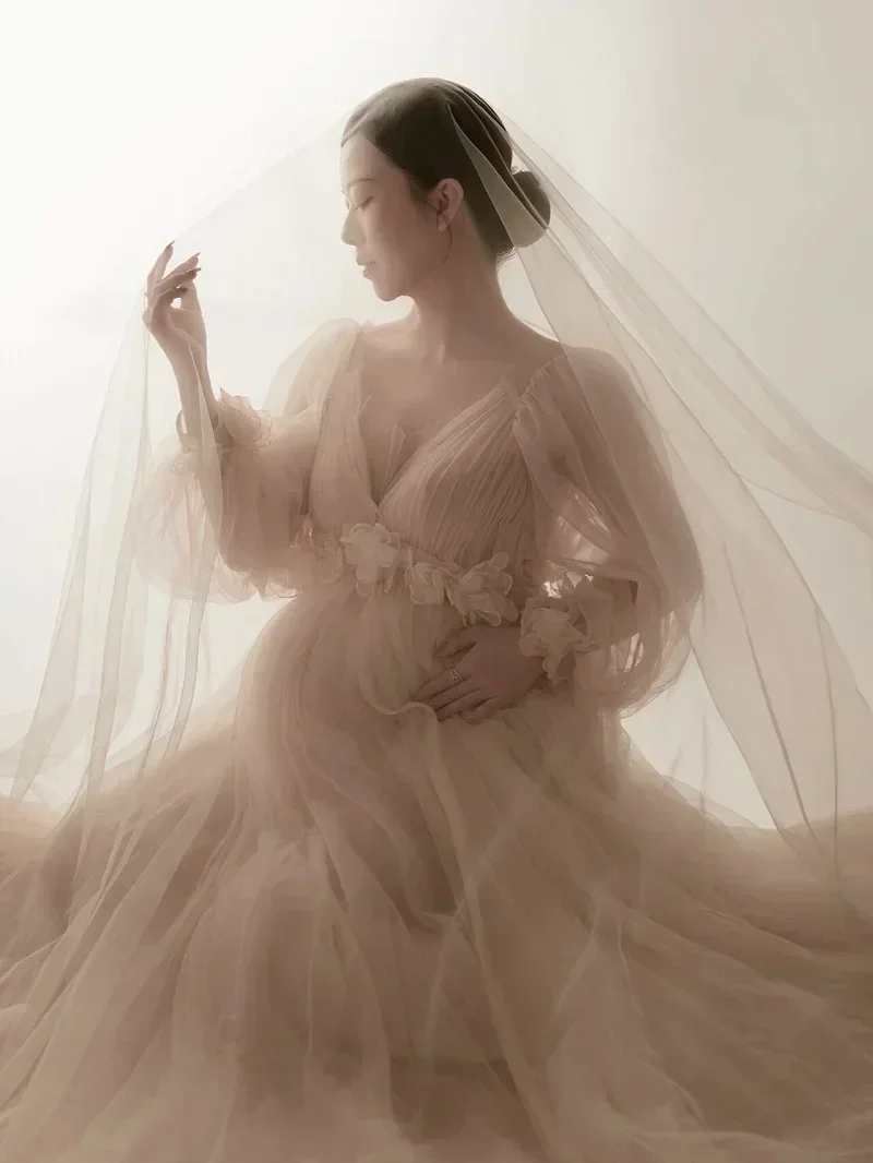 women's-champagne-maternity-photo-shoot-v-neck-long-sleeves-tulle-floral-pregnant-photography-props-long-mesh-maxi-dress