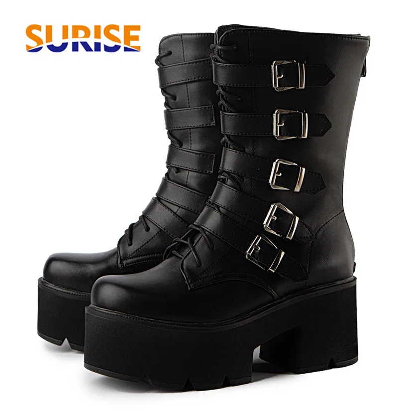 

Winter Women Platform Mid-calf Boots Black High Thick Heel Party Club Lady Round Toe Buckle Strap Zipper Warm Plush Combat Boots