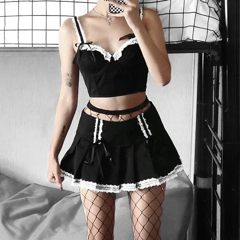 crop top with skirt Preppy Goth Lace Patchwork Pleated Lace Up Vintage Black Japanese Summer Mini High Waist A-line Skirt Womens pleated skirt