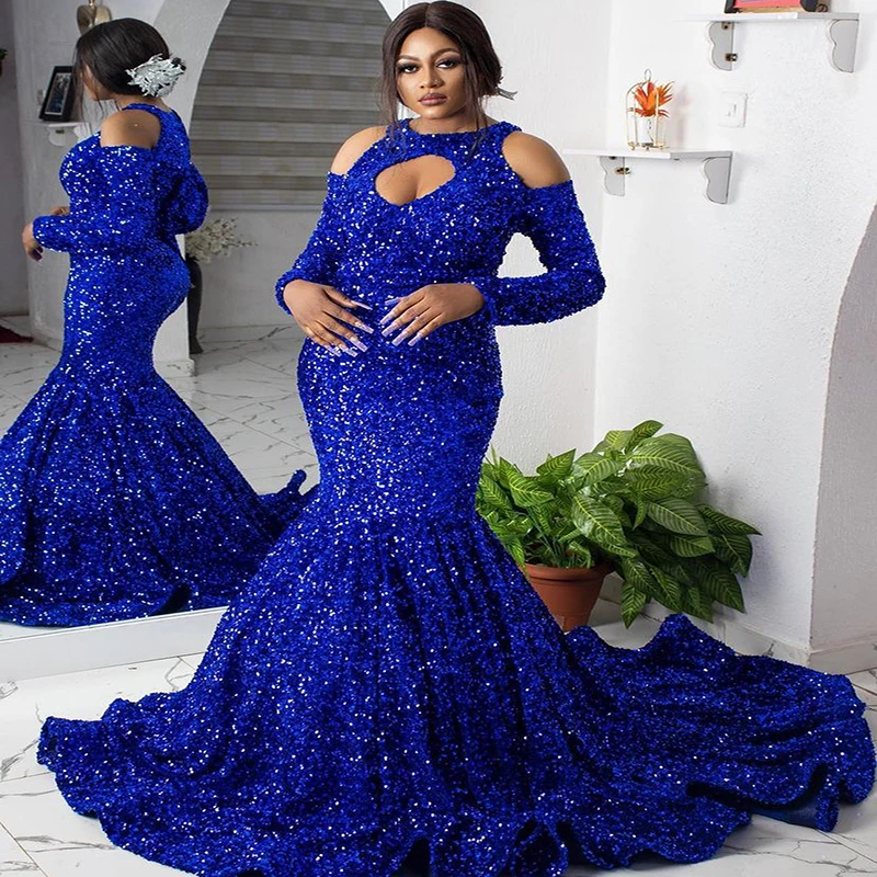 ZuTouuoly Sparkle Royal Blue Sequin Prom Dress 2022 Open Neck Long Sleeve Mermaid Evening Dress Plus Size