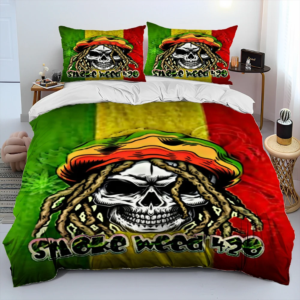 

3D Maple Weed Plants Green Death Skull Bedding Set,Duvet Cover Bed Set Quilt Cover Pillowcase,King Queen Size Bedding Set Adult