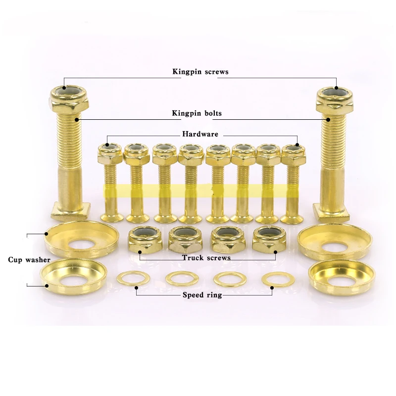 26pcs Skateboard Parts golden color combo 8pcs skateboard hardware 2pcs skateboard truck kingpin 4pcs cup washer bearing rings