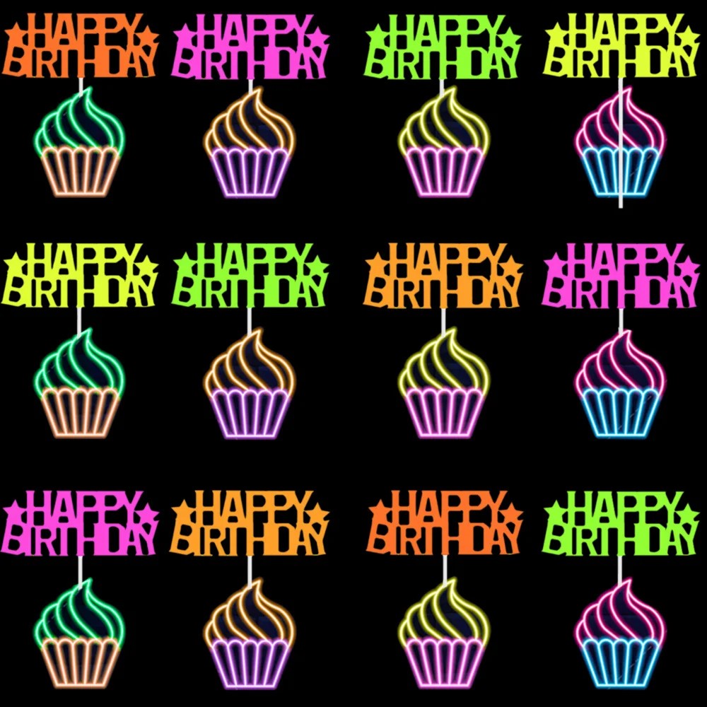 

30 Pieces Glow Party Neon Party Supplies Happy Birthday Cake and Cupcake Toppers for UV Black Light Reactive Party Decoration