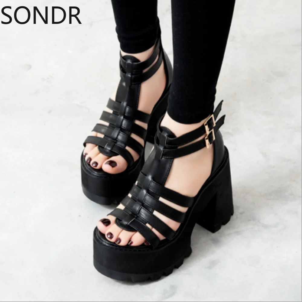 

Womens Roman Buckle Strap Cut Out Chunky Heels Platform Punk Black Sandals Zip Roma Shoes Roman Gladiator New 2022