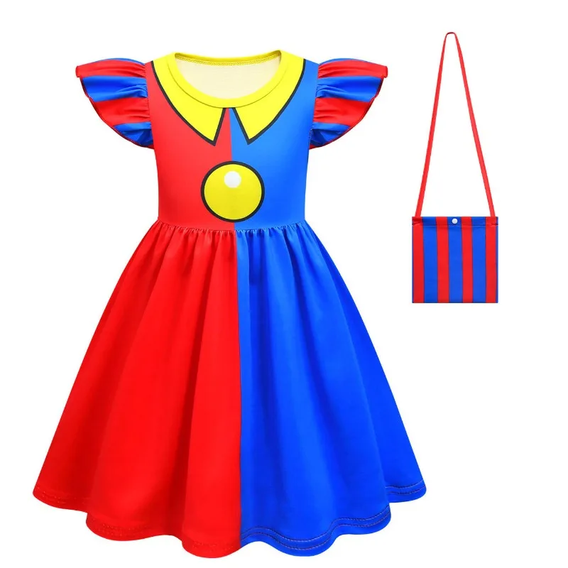 The Amazing Digital Circus Pomni Kids Cosplay Costume Girls Princess Dress Bag Mask Children Halloween Cartoon Summer Dress