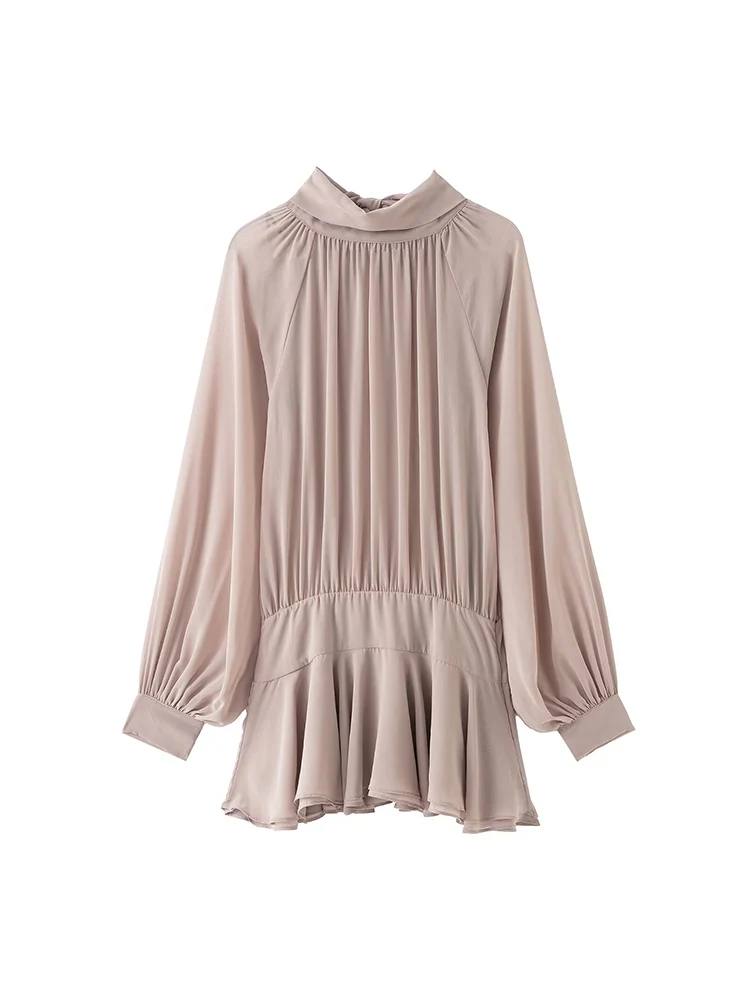 Women See Through Short Dress Elegant Lantern Sleeve Casual Half Turtleneck Party Dress Chic Female Bow Lace Up Mini Dress