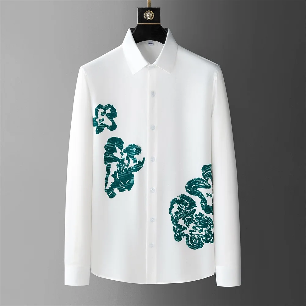 

Luxury Rhinestone Flowered Shirts Men High-quality Long Sleeve Casual Business Dress Shirts Social Party Streetwear Men Clothing