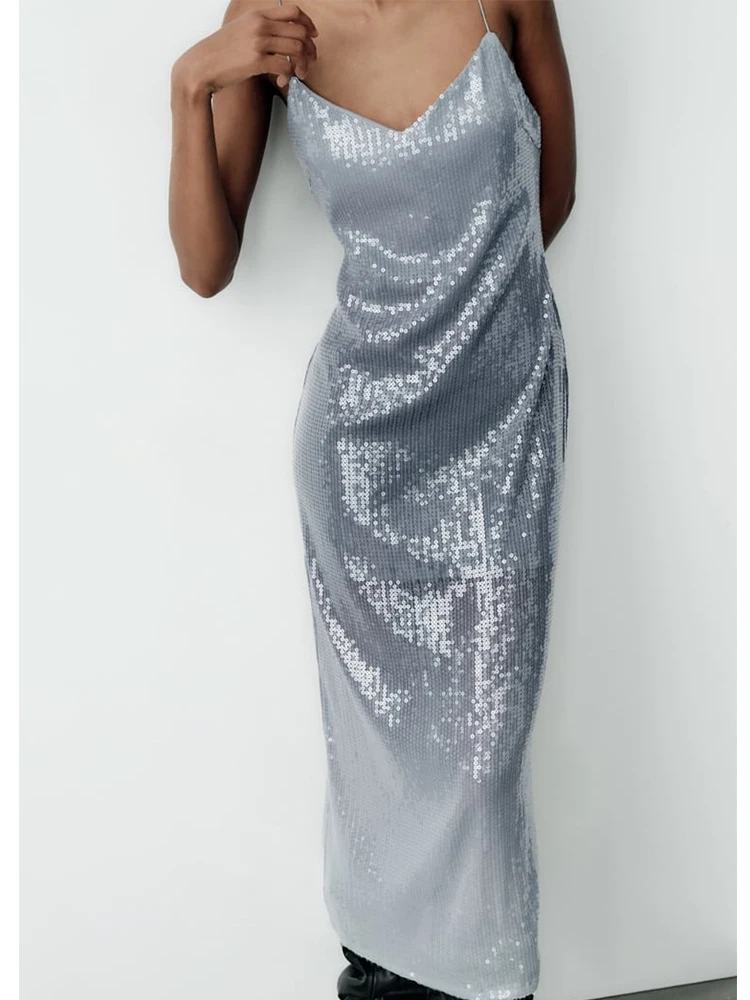 

New Women Fashion Backless V Neck Gradient Sequin Spaghetti Strap Dress Sexy Robe Party Sling Vestidos