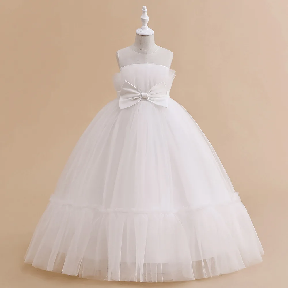 

Simple White Formal Dress For Wedding Birthday Kids Christmas Ceremonies Dresses Tulle Fluffy Long Flower Girls Dress