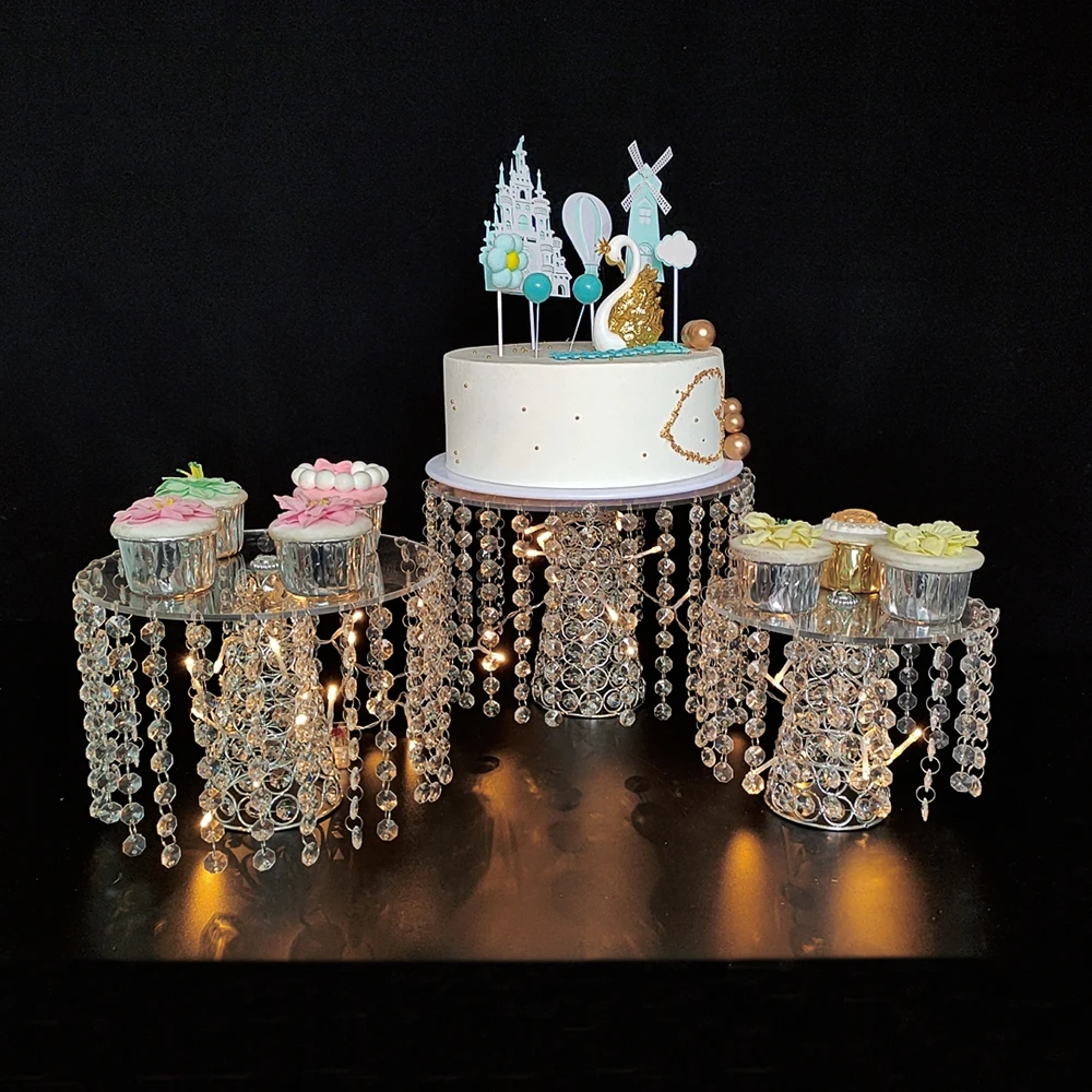 1pcs-3pcs/lot Round Cake Serving Stand with Crystal Dessert Cupcake Pastry with Hanging Acrylic Crystals for Wedding Event