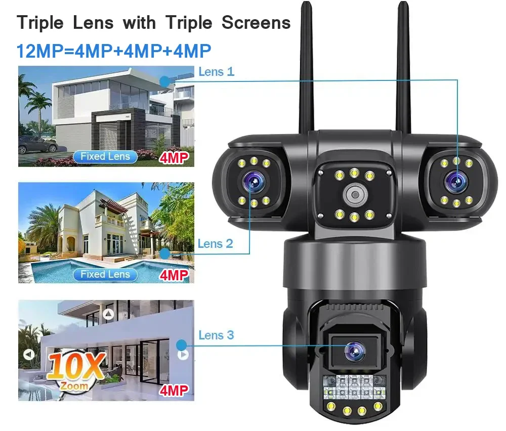 V380 Pro WiFi IP Camera Outdoor 12MP 6K Triple Lenses Triple