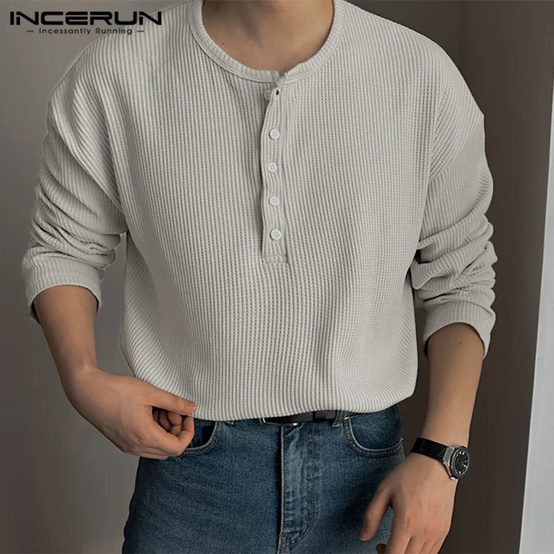 

INCERUN Tops 2024 Korean Style Handsome New Men's Solid Half Open T-shirts Casual Simple Male O-neck Long Sleeved Camiseta S-5XL
