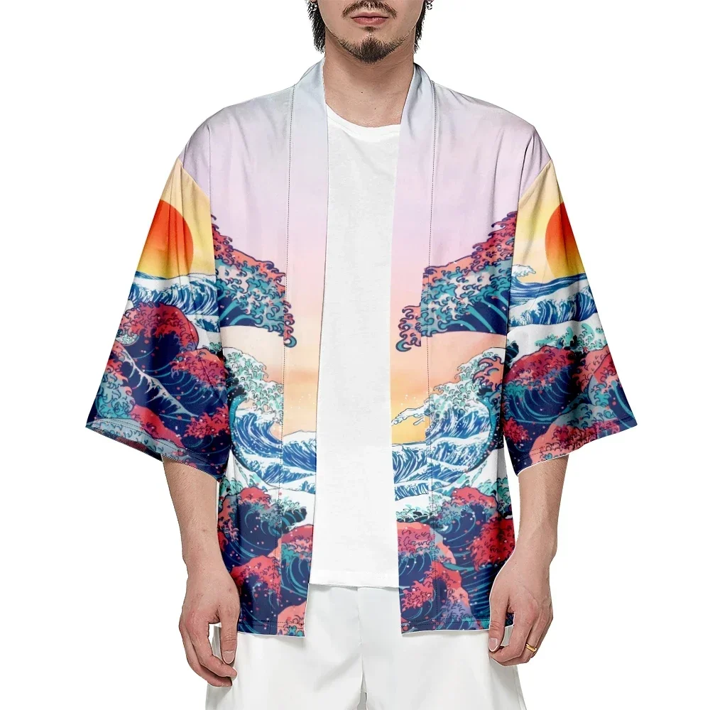 Japanese traditional wave print kimono Creative design haori shirts Street men and women cardigan beach yukata plus size