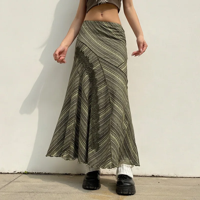 Forest Style Girl Retro Print Asymmetric Pleated Lace Skirt Spring & Summer Fashion New Stylish Wrap Hip Midi Skirts for Women 2022 summer lotus leaf sleeve retro stitching asymmetric chiffon shirt casual trousers two piece elegant women s pants set