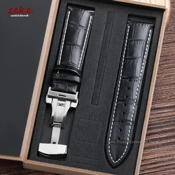 Elegant Genuine Leather Watch Band with Butterfly Clasp and Gift Box - 19mm (Black White - Silver)