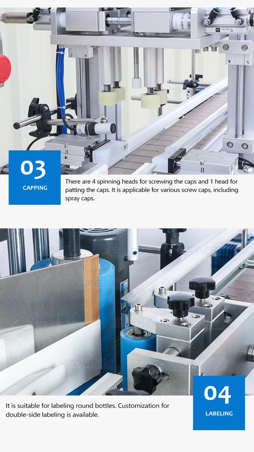 ZONESUN Servo Motor Rotor Pump Paste Filling Screw Capping Round Bottle Labeling Production Line