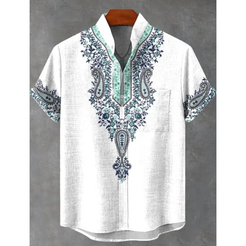 Retro African Tribal Totem Pattern Printing men's New Linen Comfortable Fabric short-sleeved Shirt Casual Street Trend