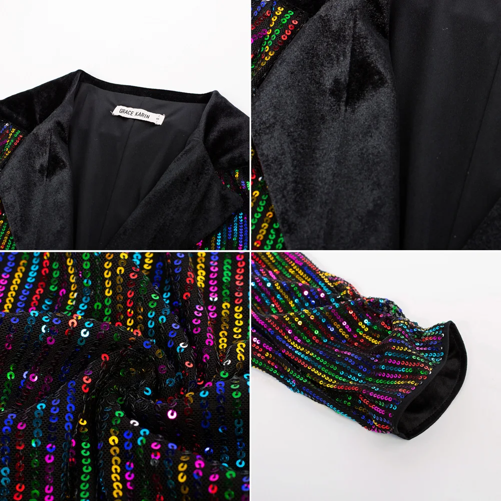GK Women Sequined Party Blazer Coat 3/4 Sleeve Lapel Collar Open Front Coat Business Casual Blazer Jacket A30