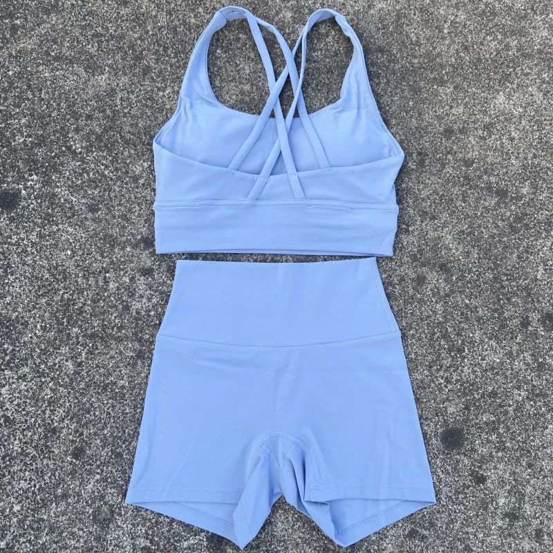 Women's 2-Piece Yoga and Fitness Outfit - Cross Straps Bra & High Waist Shorts
