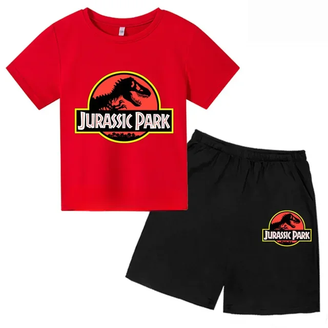 thumbnail image 1 of Conjunto de 2 piezas de camiseta y pantalones cortos con estampado de dinosaurio de Jurassic Park para niños y niñas, con estampado de dibujos animados de verano, 1 of 5