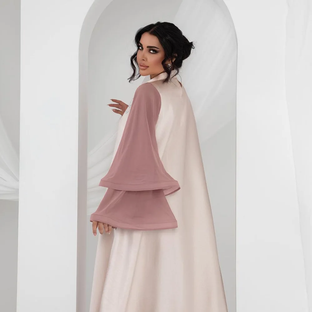Women Swing Dress Abaya Pink Patchwork Sleeves Office Lady Long Dress Flare Sleeves With Diamond Satin Robe Dress Dubai Muslim
