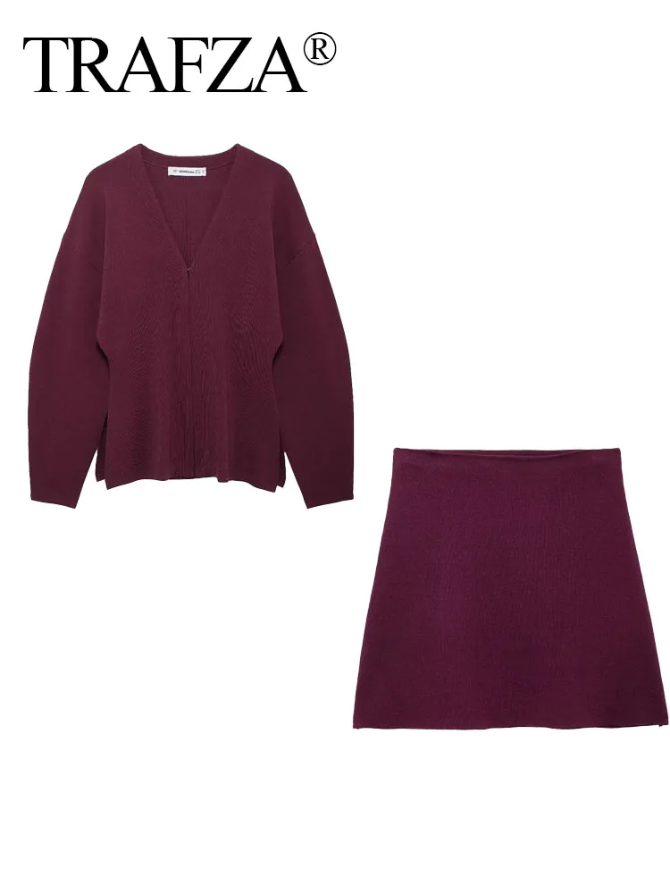 TRAFZA 2024 Autumn Slim Skirts Sets Wine Red Solid V-Neck Long Sleeve Cardigan+ A Line Mini Skirts Mujer Roupas Casual Street 4