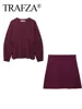 TRAFZA 2024 Autumn Slim Skirts Sets Wine Red Solid V-Neck Long Sleeve Cardigan+ A Line Mini Skirts Mujer Roupas Casual Street 4