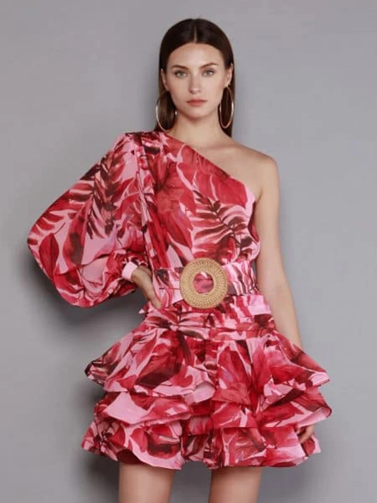 Women Diagonal Collar Print Floral Mini Dress Summer One Shoulder Long Sleeve Printing Pleated Mini Dress Party Club Evening