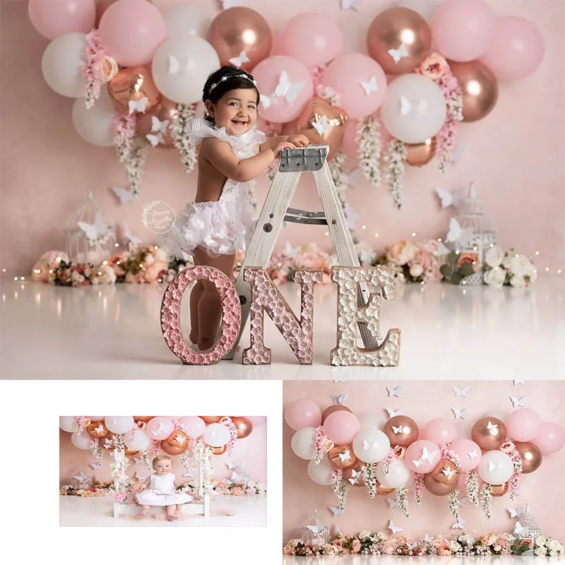 

Photography Background Wonderland Pink Flowers Butterfly Girl 1st Birthday Party Cake Smash Decor Backdrop Photo Studio