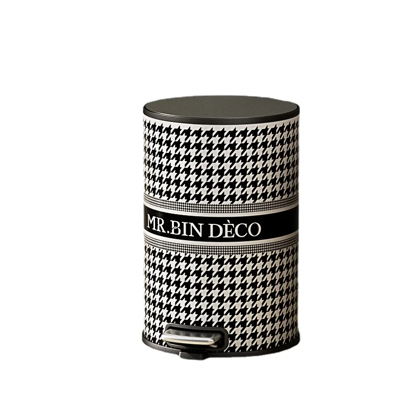 

ZL Houndstooth Trash Can Retro Affordable Luxury Living Room Bedroom Bathroom Kitchen with Lid