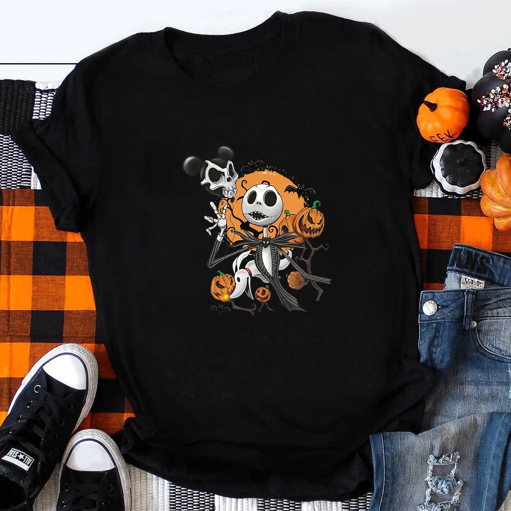 

Disney Jack Skellington Black T-shirt Woman Happy Halloween Festival Clothes Europe America Fashion Women's T Shirt Dropshipping