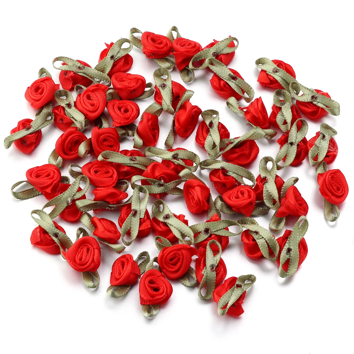 50-Piece Set: Vibrant Ribbon Rose Rosettes with Leaf Fabric Flowers