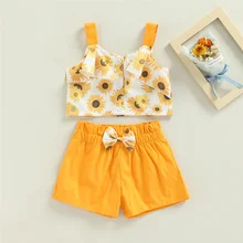 

Summer Baby Girls 2 Piece Sets Toddlers Kids Sunflower Print Frilly Sleeveless Tank Tops Elastic Waist Shorts Children Clothes