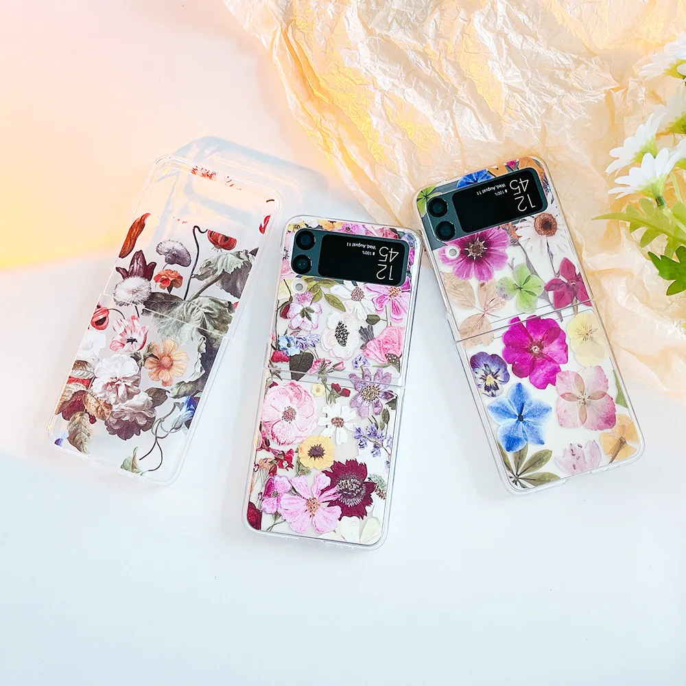 

For Samsung Galaxy Z Flip 4 3 Case Vintage Flowers Painted Transparent Shockproof Hard Back Cover For Samsung Z Flip4 Flip3 Case