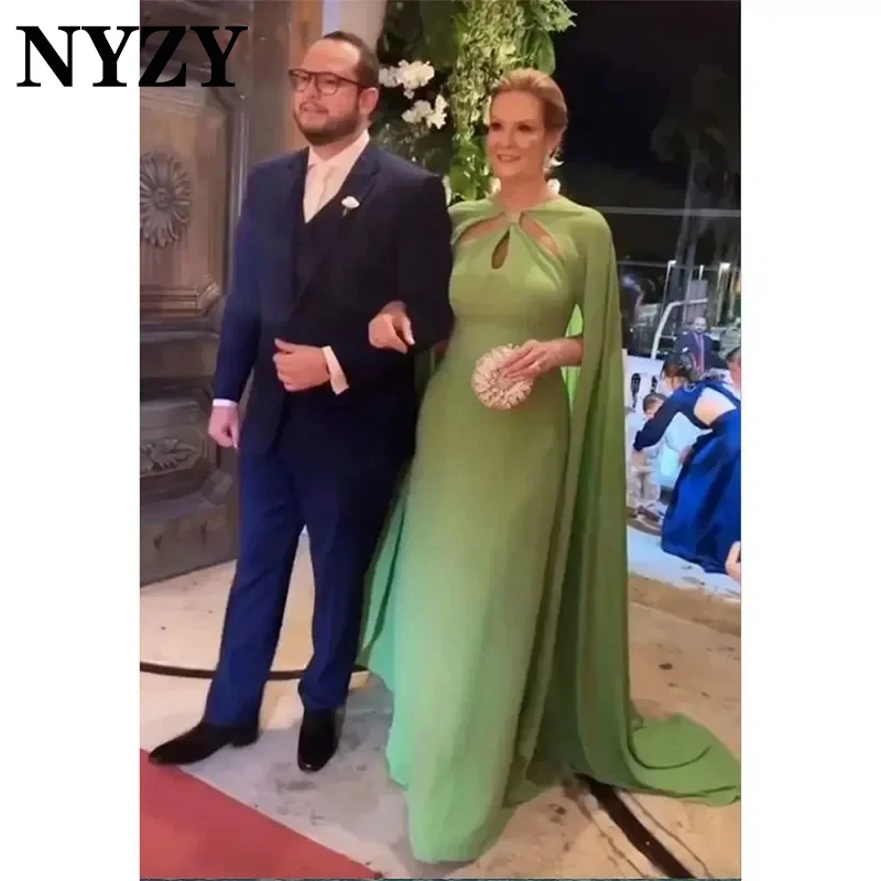 NYZY M425 Green Evening Gowns Chiffon Cape Cloak Sleeves Wedding Party Mother of the Bride Groom Dresses