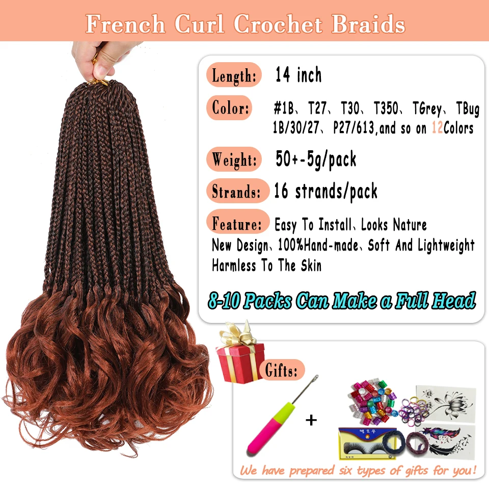 Curly Crochet Hair 14&rdquo; French Curl Box Braids Crochet Hair With Curly Ends Synthetic French Braiding for Kids Women