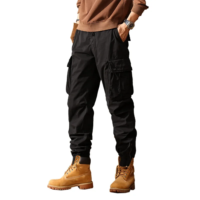 American drawstring elastic waist retro youth trendy brand men's zipper large pocket work clothes casual pants multiple bags was